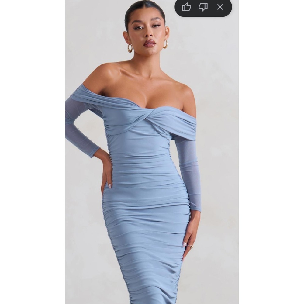 Club L London NWT Ice Blue Bardot Twist Midi Dress Ruched Sz US 14 UK 18 Wedding